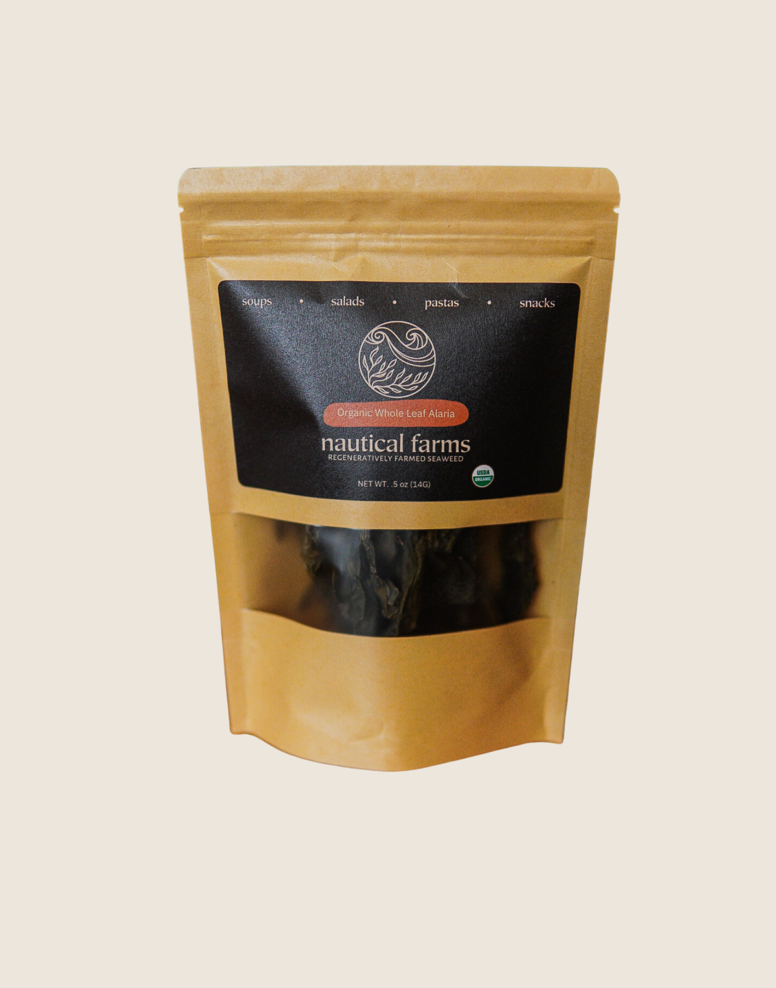 Healthy & natural whole leaf alaria seaweed from Maine kelp farm - Nautical Farms. In a convenient .5 oz bag for snacking or seaweed recipes.