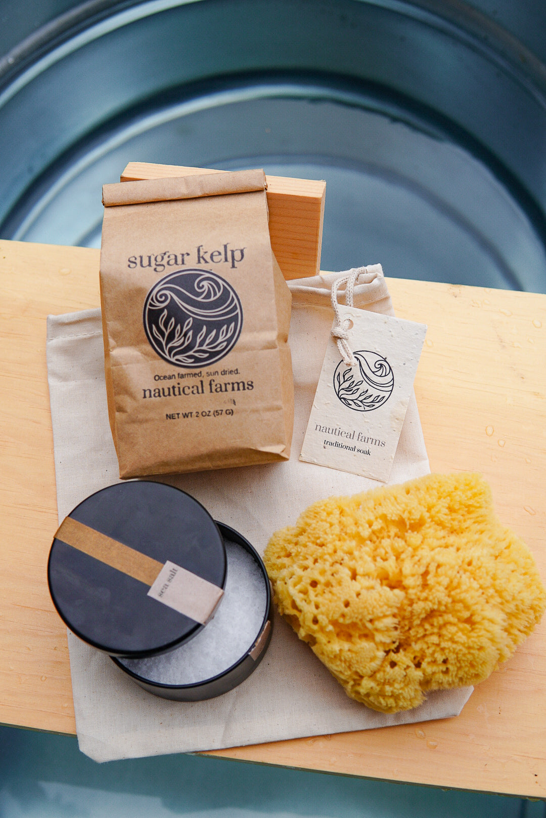 Regeneratively farmed seaweed bath tea kit with organic kelp and Maine sea salt