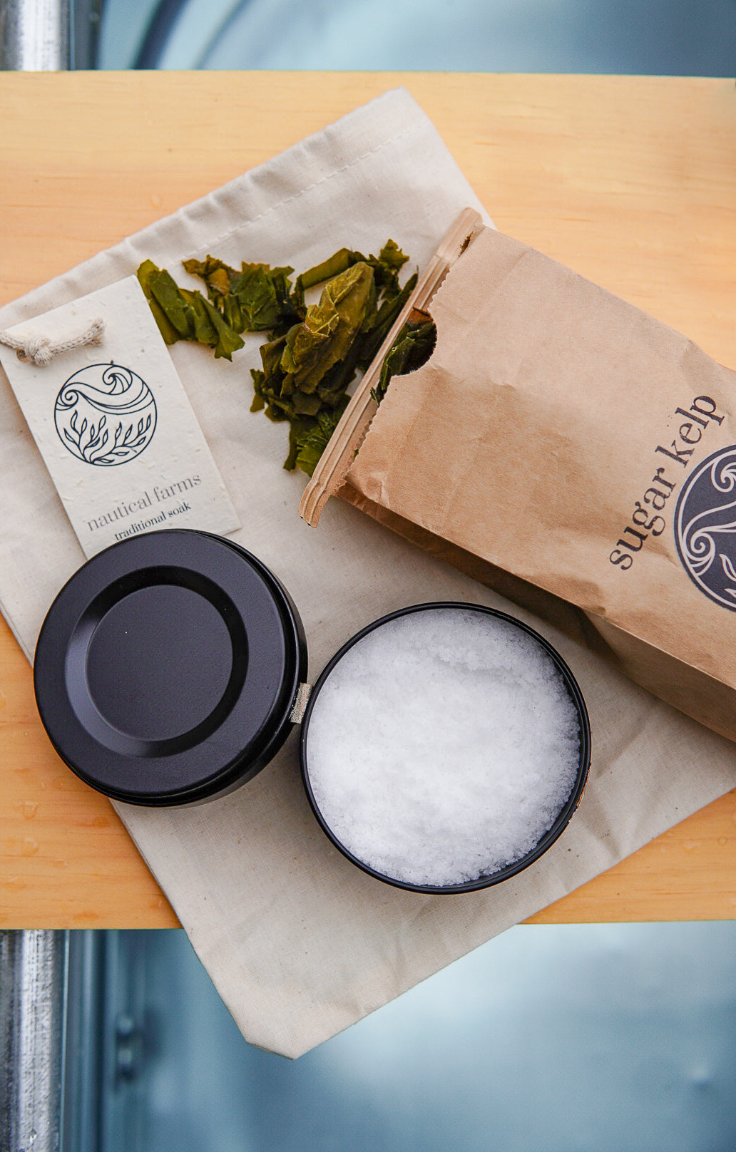 Regeneratively farmed seaweed bath soak kit with organic sugar kelp and Maine sea salt