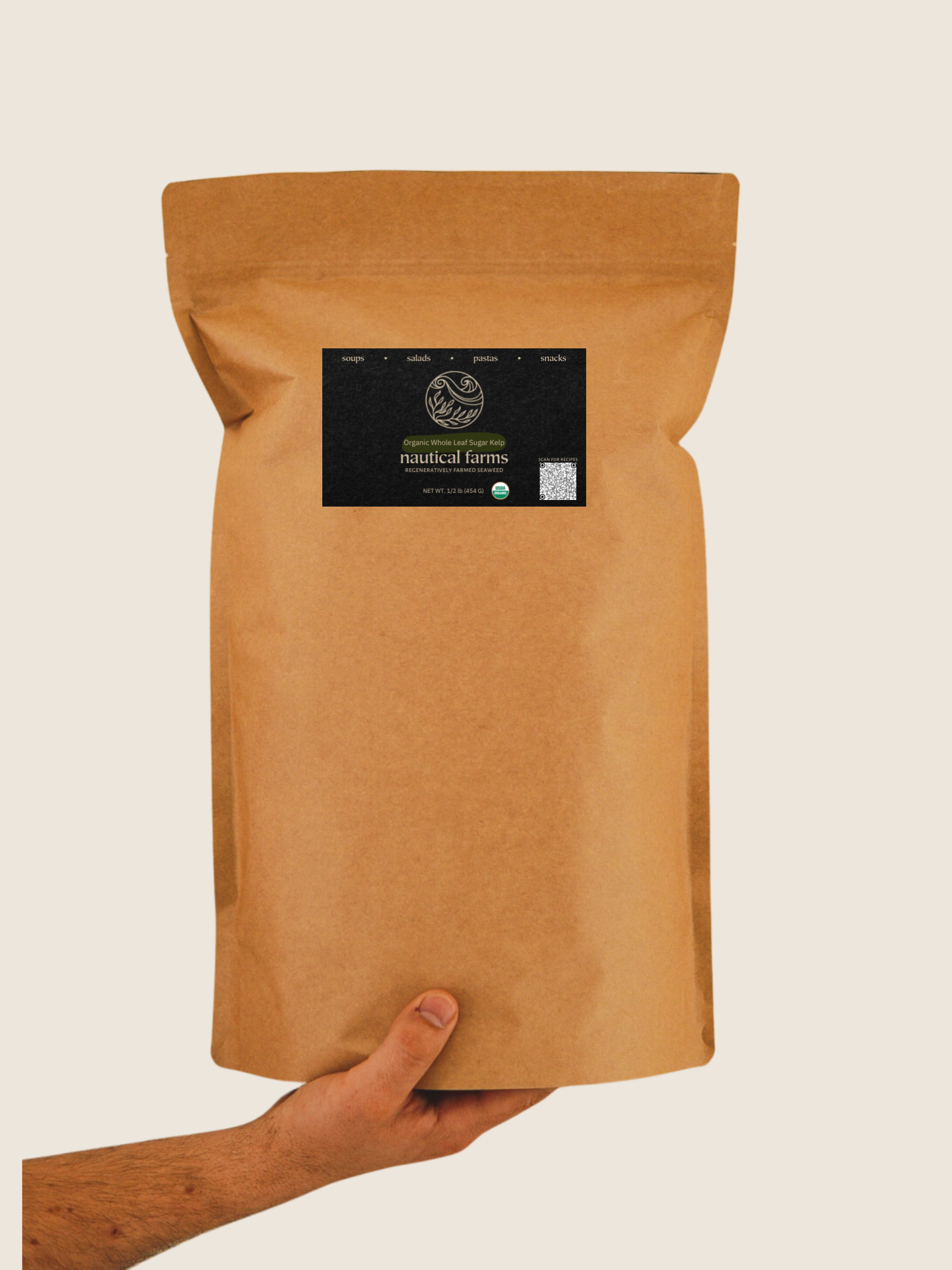 Dried bulk seaweed from Maine ocean farm. Regeneratively farmed organic sugar kelp in convenient whole leaf bags