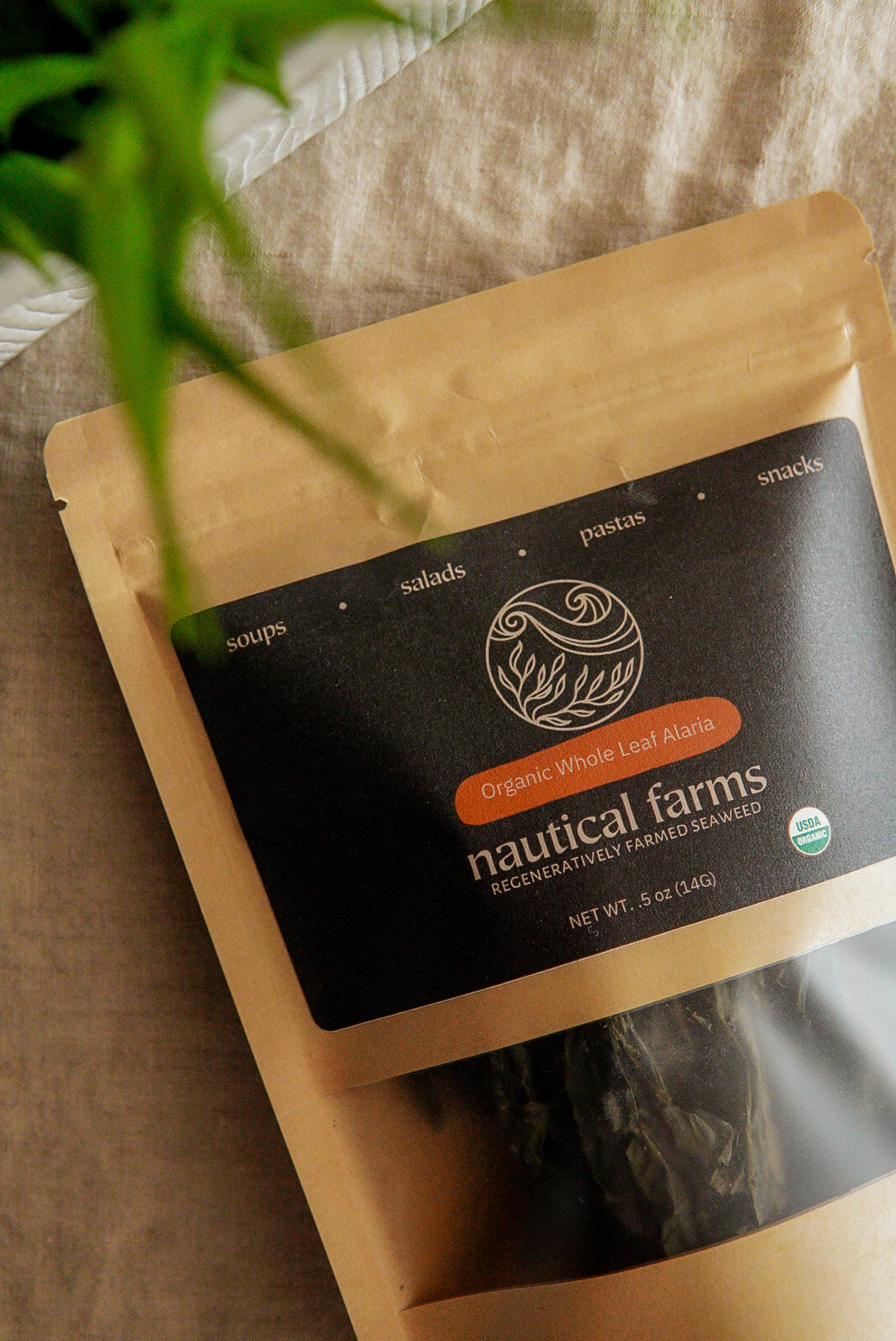 Healthy & natural whole leaf alaria seaweed from Maine kelp farm - Nautical Farms. In a convenient .5 oz bag for snacking or seaweed recipes.