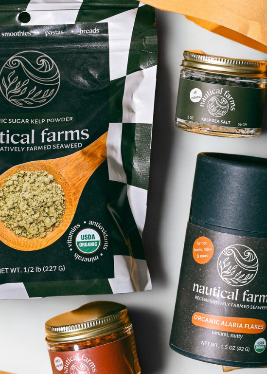 Nautical Farms products including a bag, jar, and container on a white background