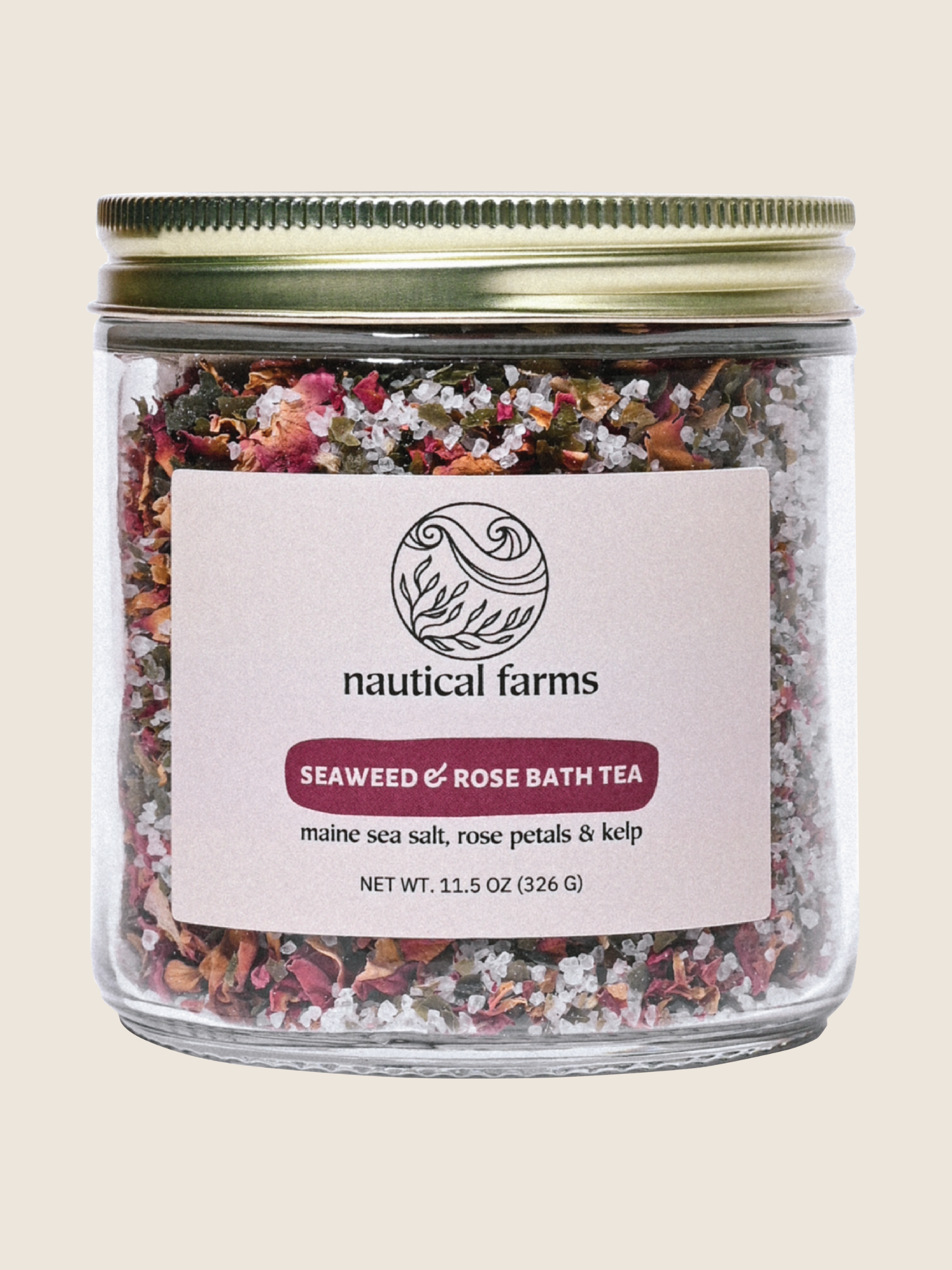 Jar of Nautical Farms Seaweed & Rose Bath Tea on a beige background