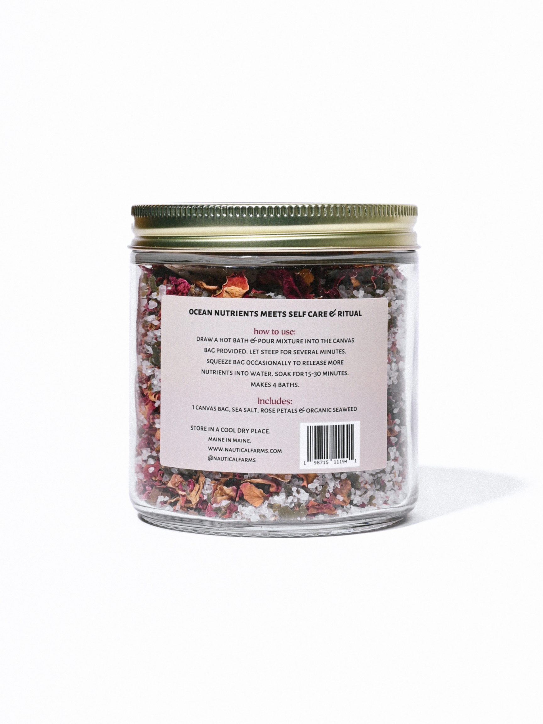 Jar of Nautical Farms Seaweed and Rose Bath Tea with a label on a white background