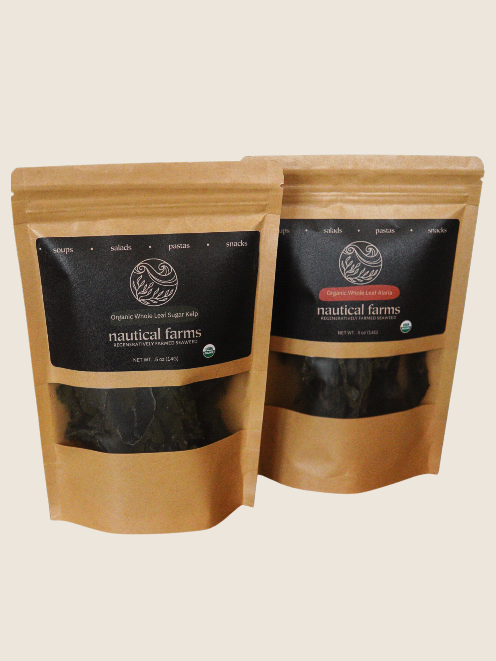 Dried whole leaf, edible seaweed bundle from Maine Ocean Farm, Nautical Farms. .5 bag of Organic Sugar Kelp and .5 oz bag of Organic Alaria (Wakame)